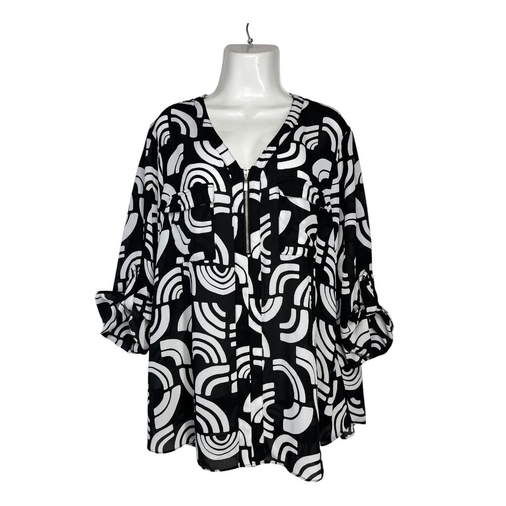 Cato Plus Sz 18/20W Black White Rainbow Arch Print Half Zip Blouse Roll Tab Top